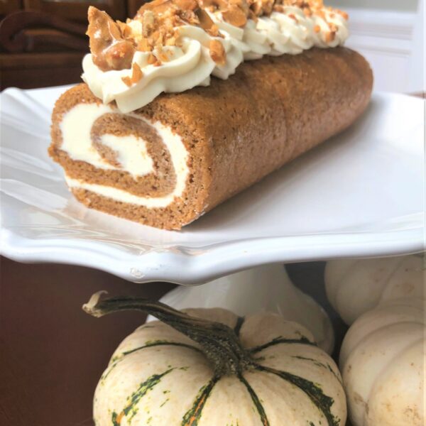 Pumpkin Roll Cake With Maple Cream Cheese Frosting And Pecan Toffee Brittle